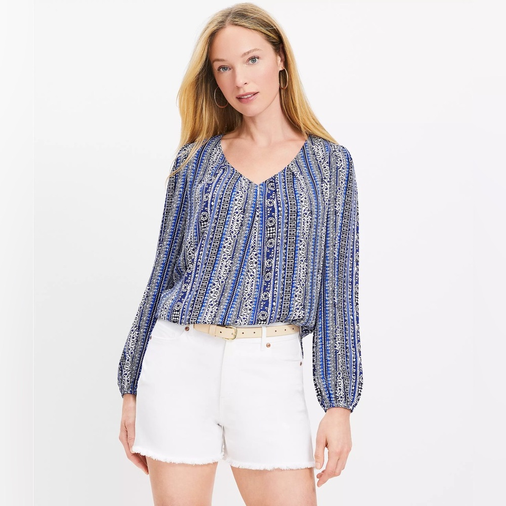 LOFT Women's Blue White Striped Pattern Long Sleeve Blouse Lined - Size L